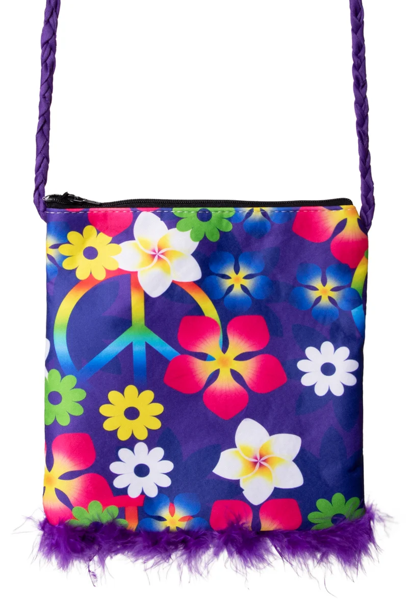 Schoudertasje flower power paars met bloemenprint