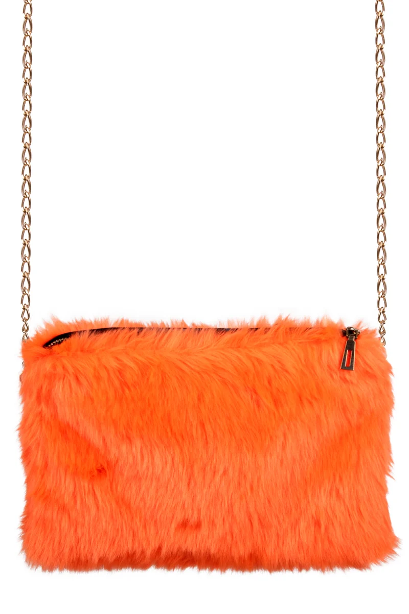 Oranje pluche tasje met goudkleurige schouderketting