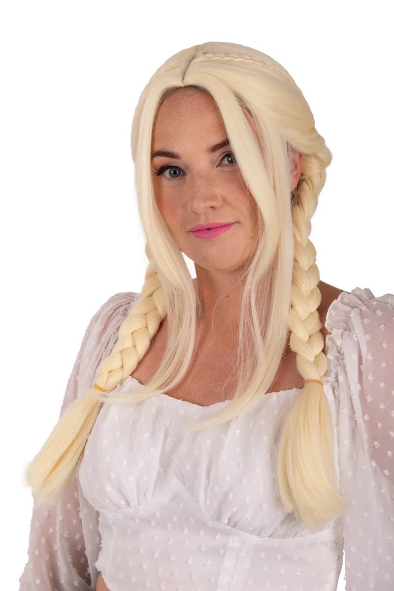 Pruik Elvina blond met twee vlechten en verstelbare kap