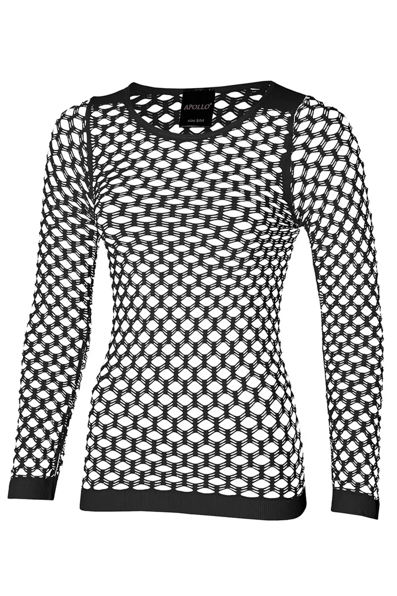 Visnet shirt dames zwart met lange mouw en grote mazen