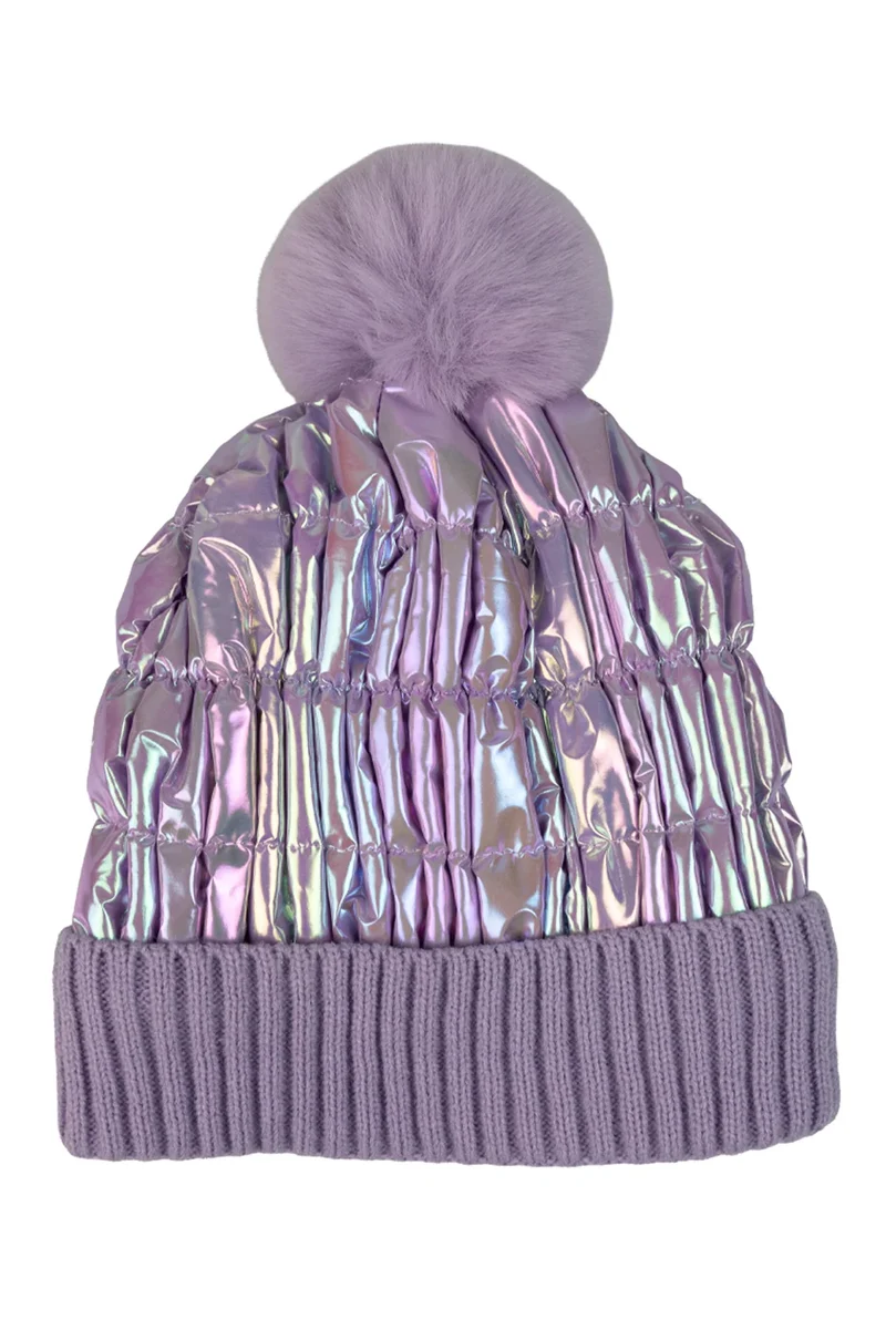 Muts met pompon lila metallic met pluche pompon