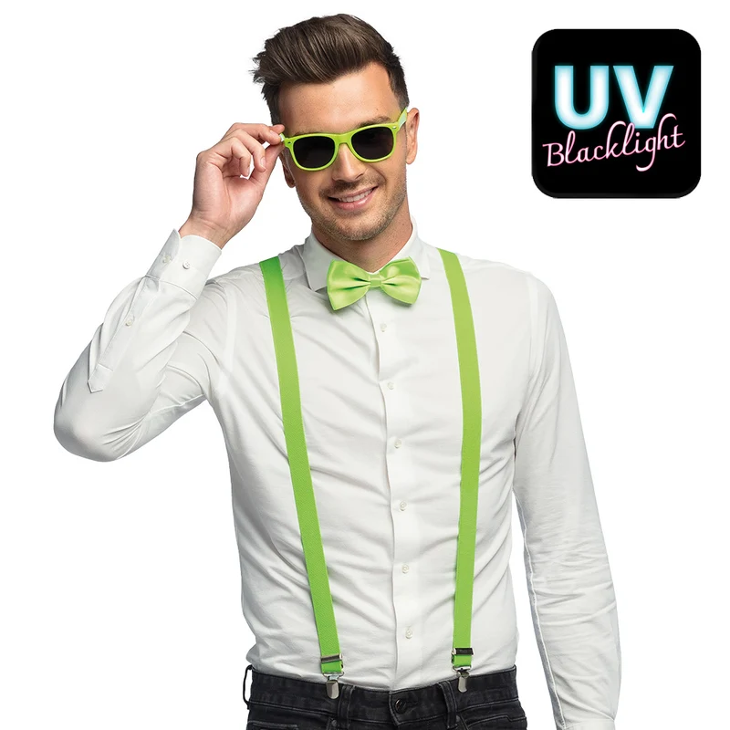 Accessoireset neon groen - partybril + vlinderstrik & bretels