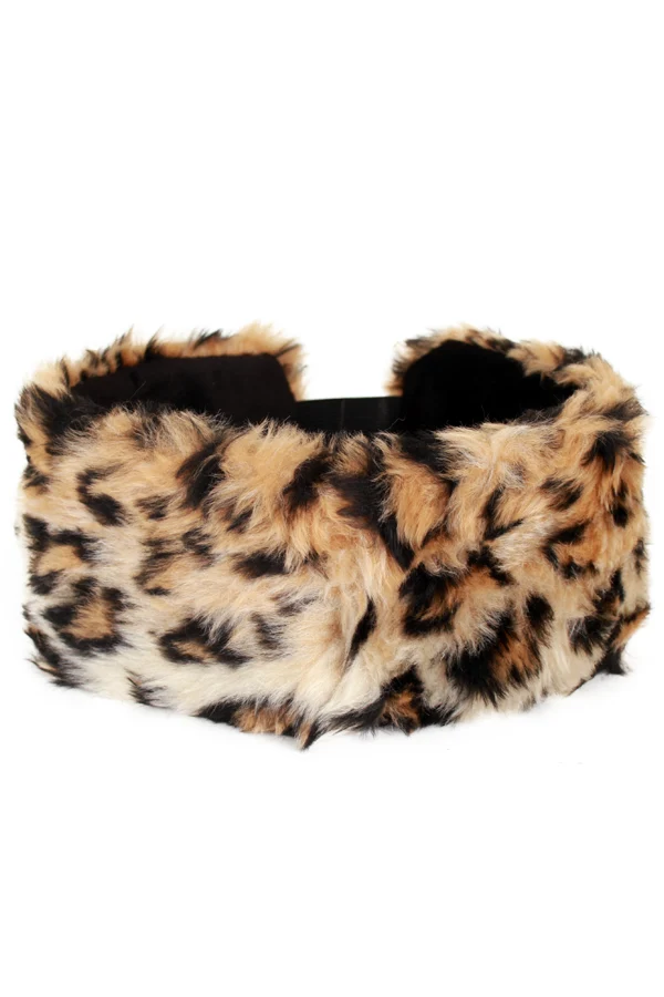 Hoofdband panter dames pluizige panterprint beige zwart