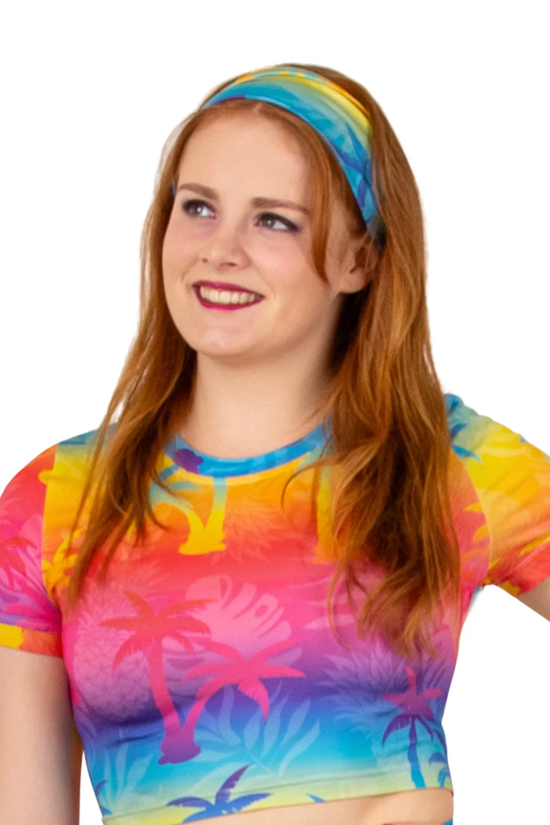 Hoofdband tropicana met palmbomenprint in regenboogkleuren