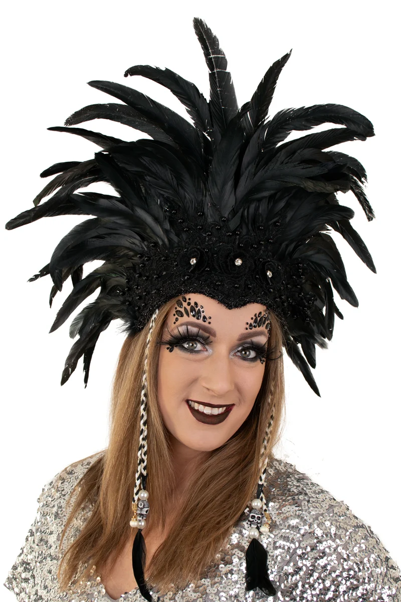 Hoofdtooi zwarte veren met kralenband dames