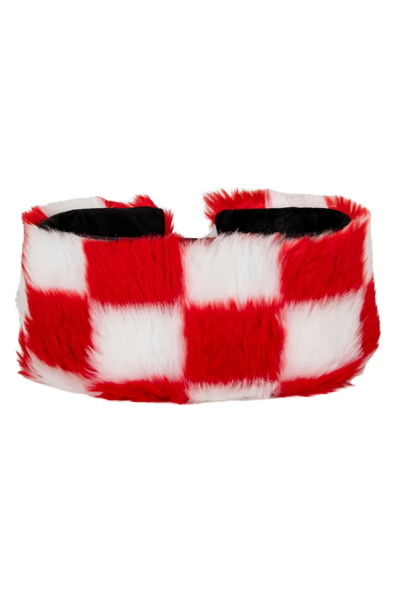 Hoofdband rood wit geblokt van nepbont, dames en heren