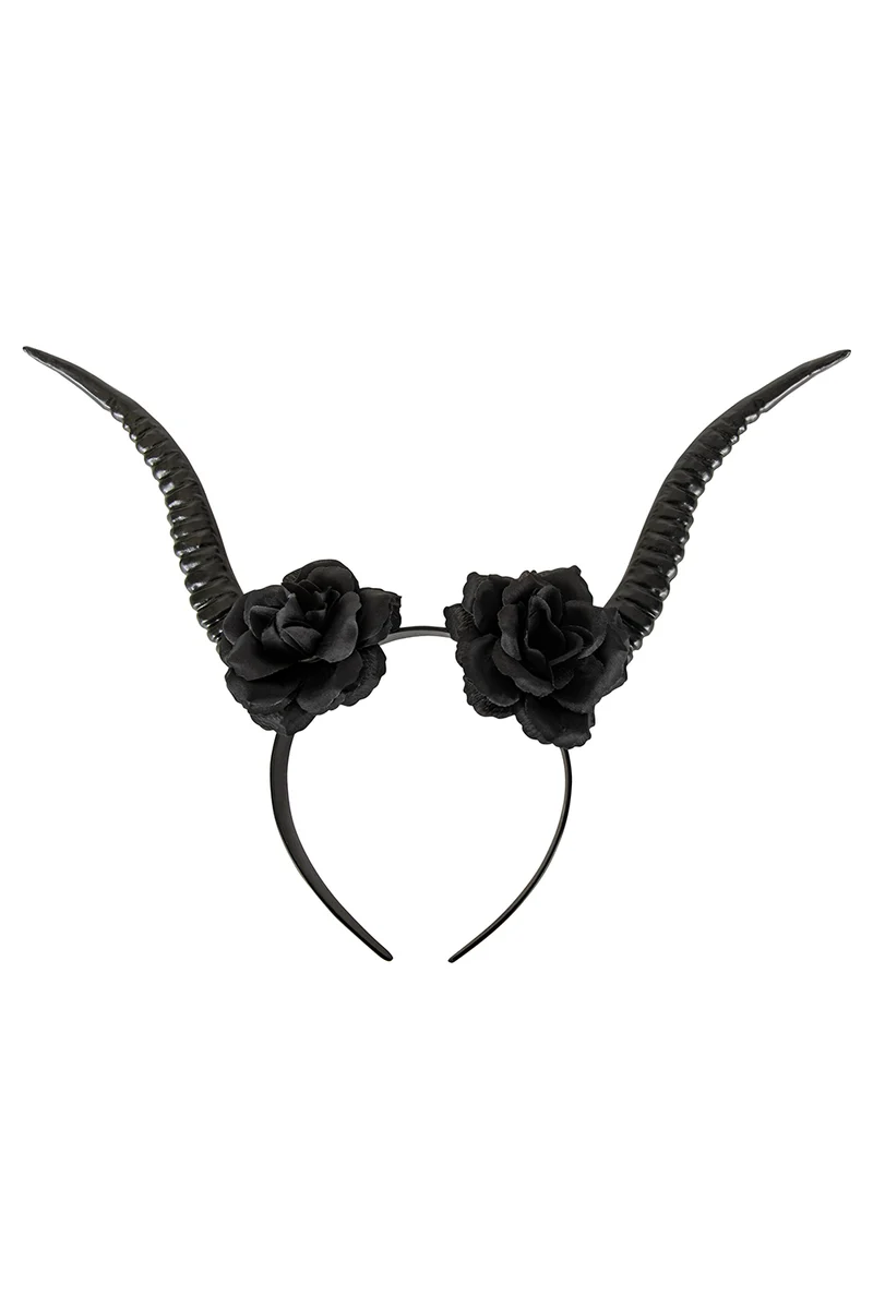 Hoofdband met hoorns zwart met rozen dames