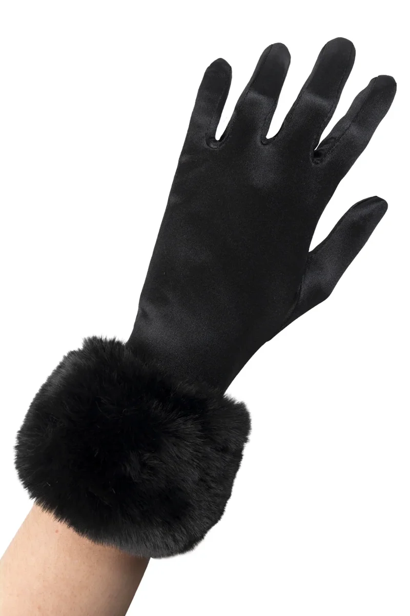 Satijnen handschoenen zwart met bontmanchet dames 29 cm