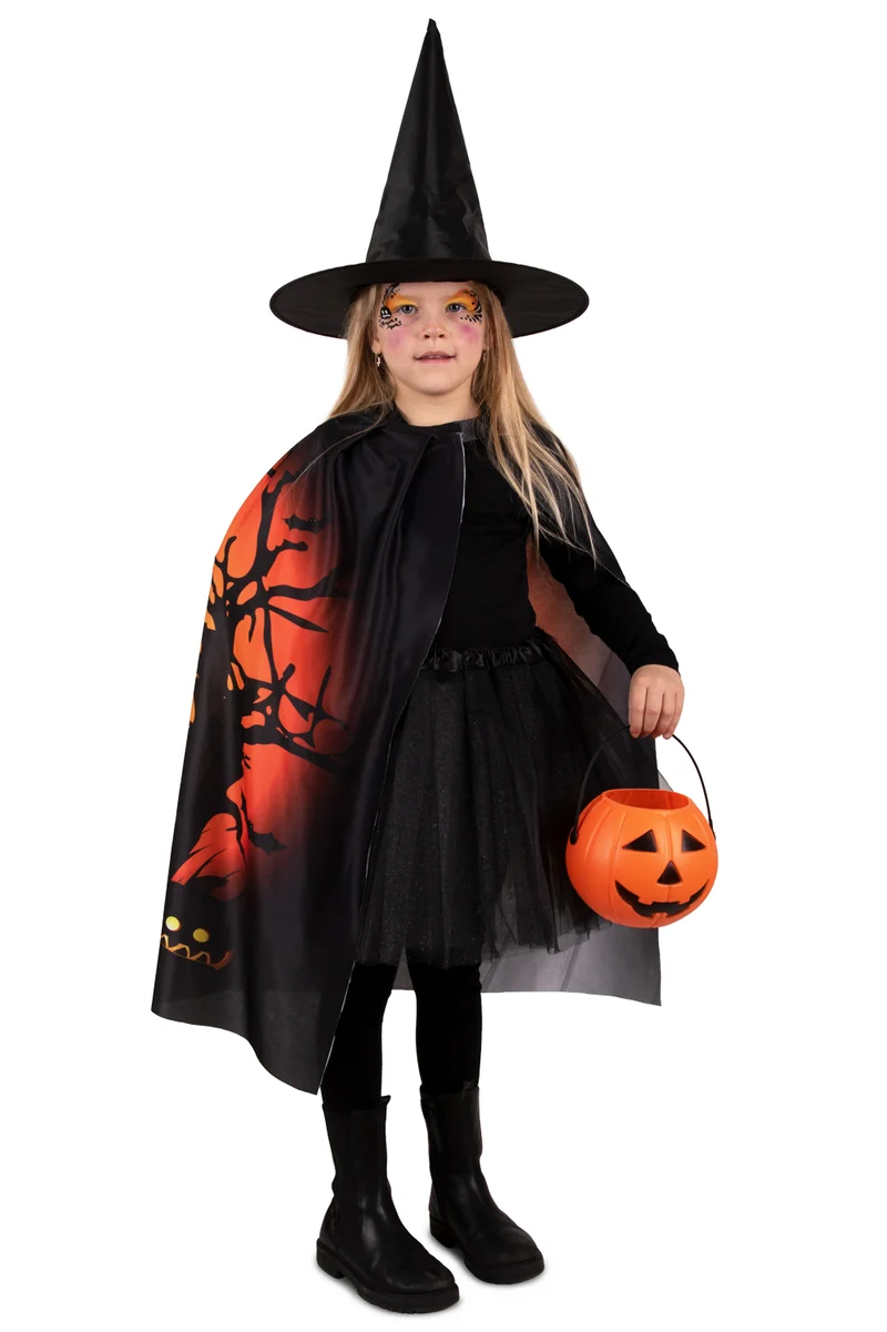 Halloween cape met heksenhoed kinderen zwart oranje 75 cm