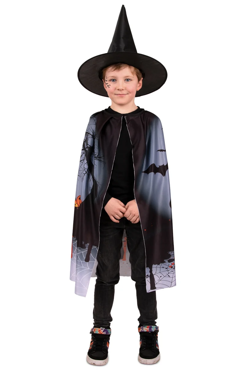 Halloween cape met heksenhoed kinderen 75 cm