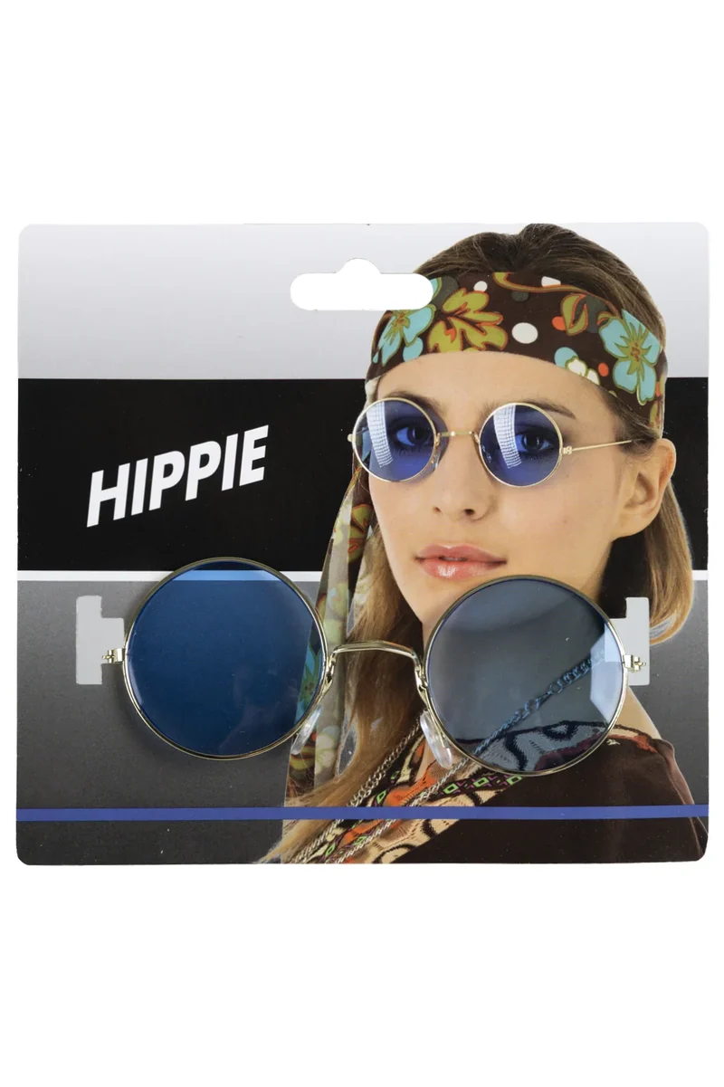 Uilebril goudkleurig montuur met blauwe glazen hippie