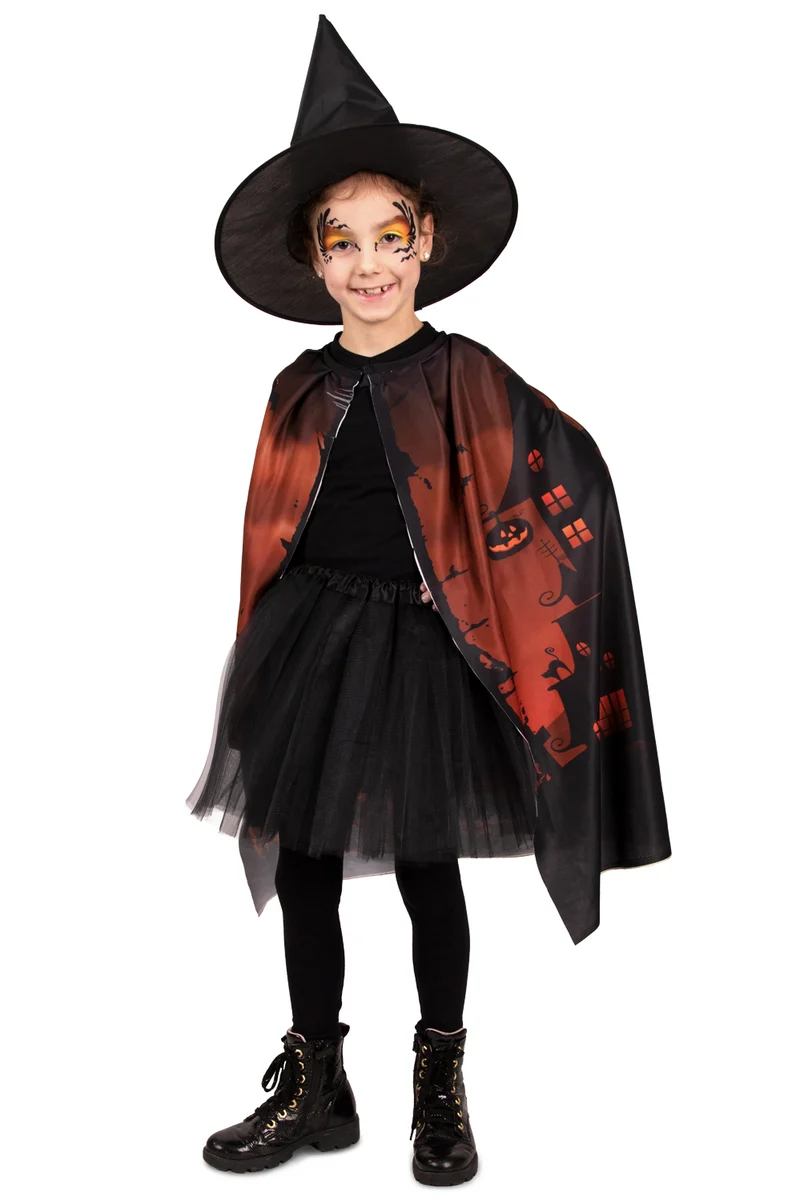 Halloweencape met heksenhoed kinderen, Happy Halloween print