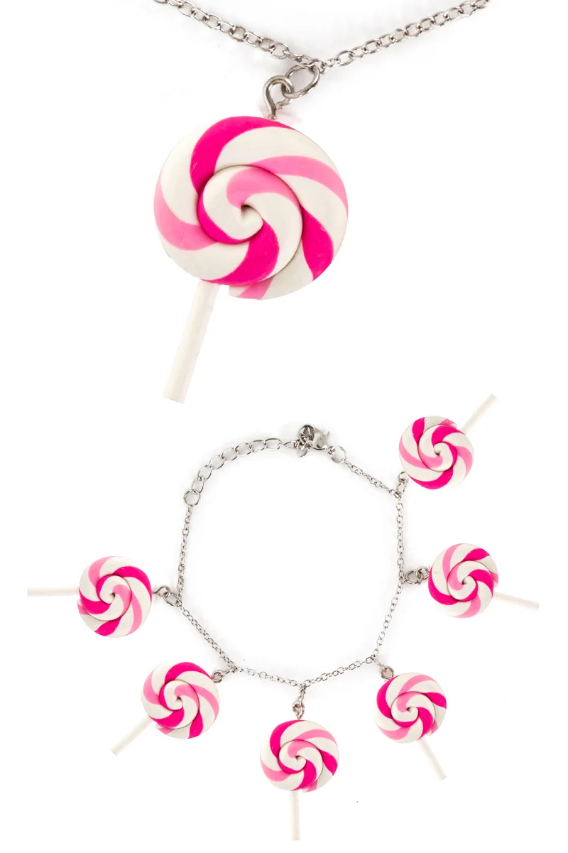 Lollipop armband roze wit met snoepbedeltjes