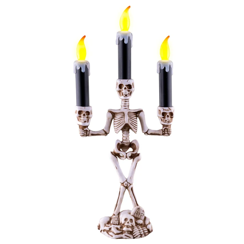 Skelet kandelaar 35 cm met 3 zwarte led kaarsen