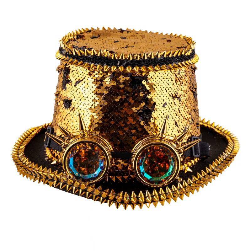 Steampunk hoed met bril goud met pailletten en spikes
