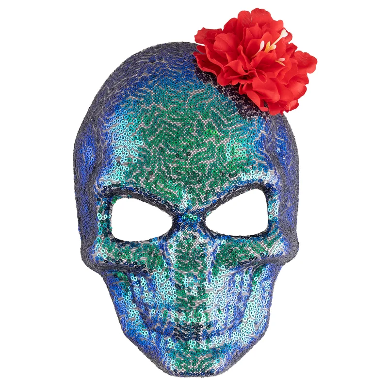 Masker doodskop glitter blauwgroen met rode bloem