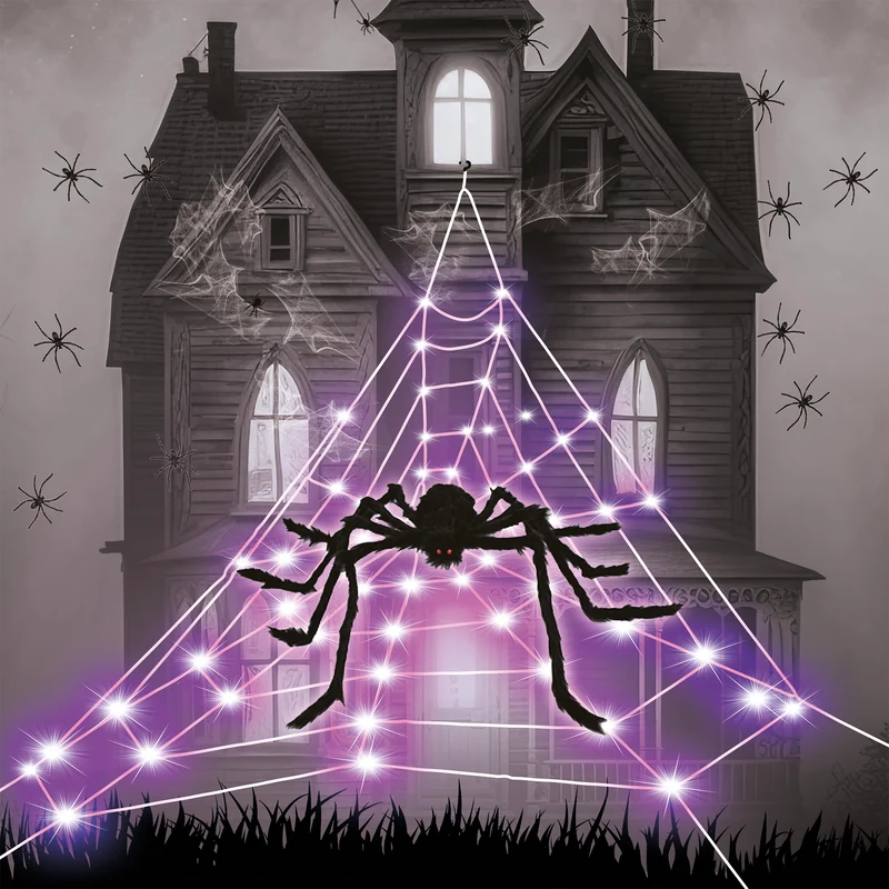 Led spinnenweb met spin 5 m violet | Halloween decoratie