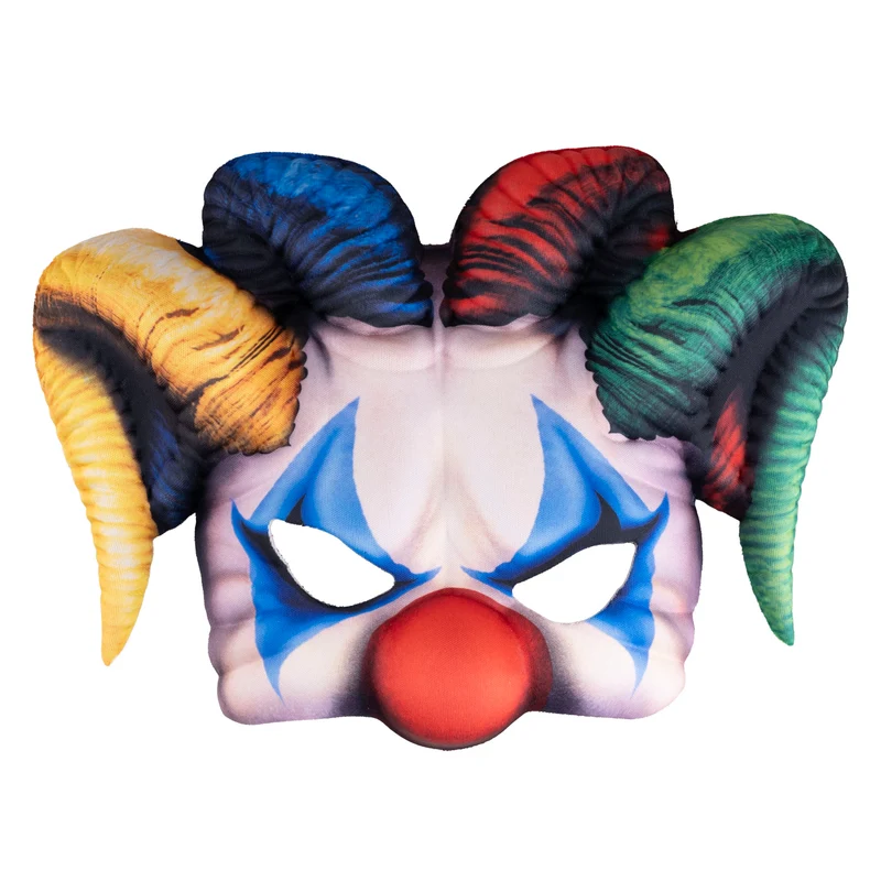 Oogmasker nar met gekleurde hoorns, horrorclown volwassenen
