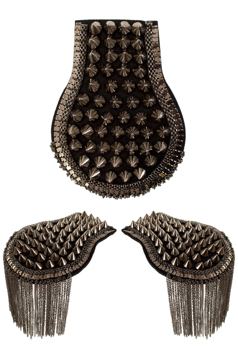 Epauletten met spikes grijs metallic met kettingfranje