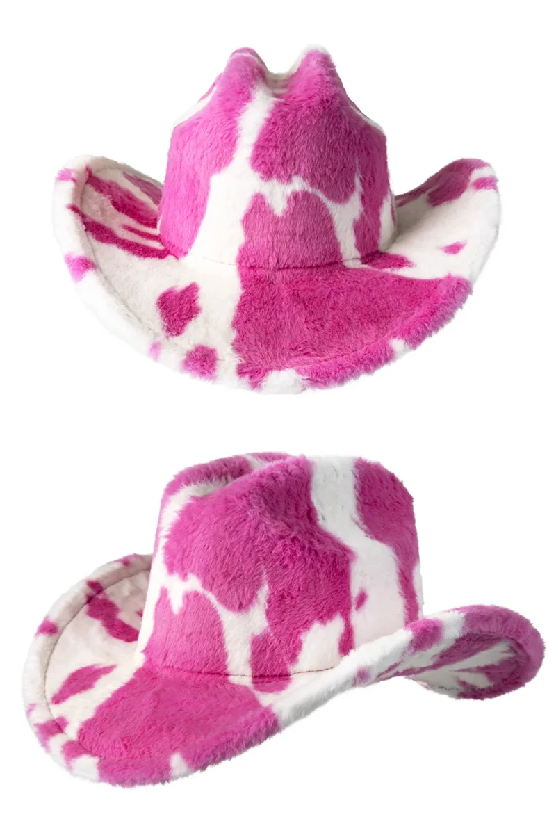 Roze koeienprint hoed pluizig wit dames en heren