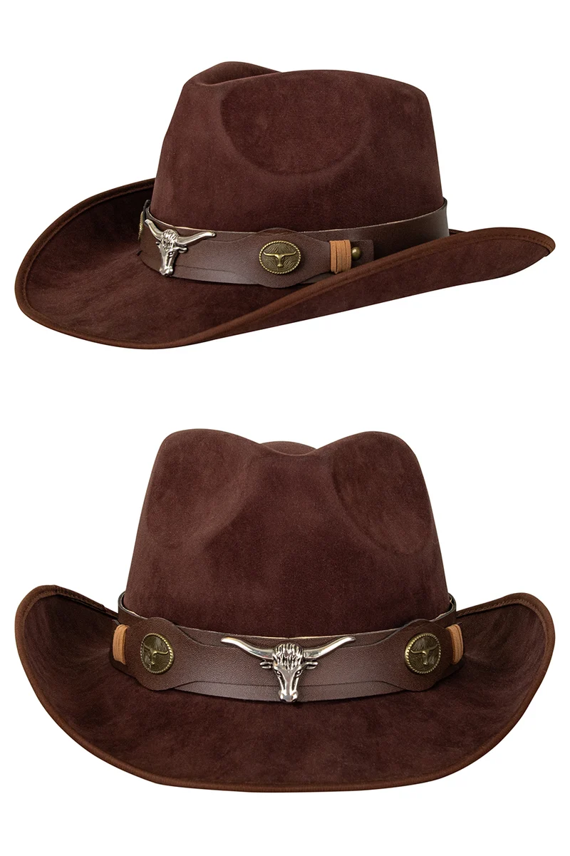 Cowboyhoed bruin leatherlook met longhorn en conchos