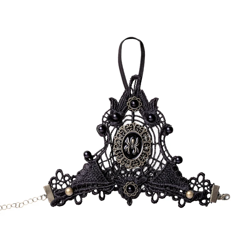 Handketting van zwart kant met spin en medaillon voor dames