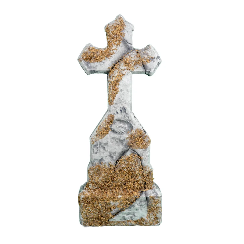 Grafsteen klein kruis wit grijs 62 cm Halloween decoratie