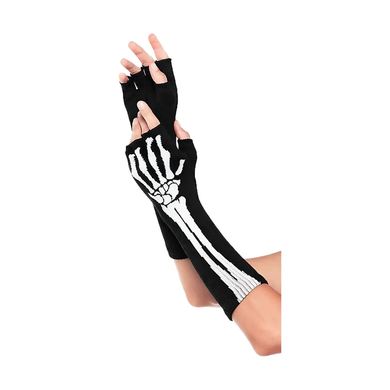 Handschoenen zonder vingers skelet zwart met botten print 35 cm