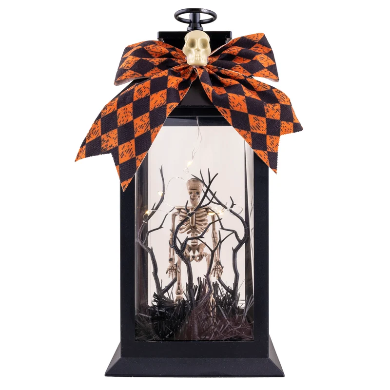 Halloween lantaarn zwart met skelet en lichtjes 33 cm