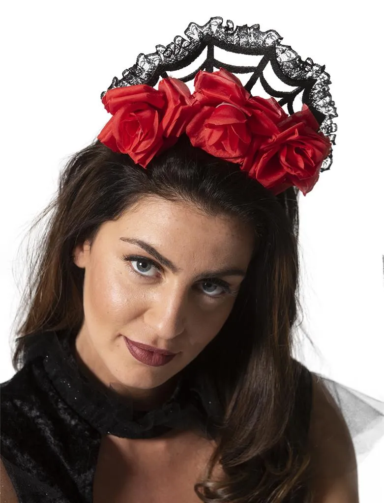 Diadeem met roosjes rood met zwart kanten spinnenweb