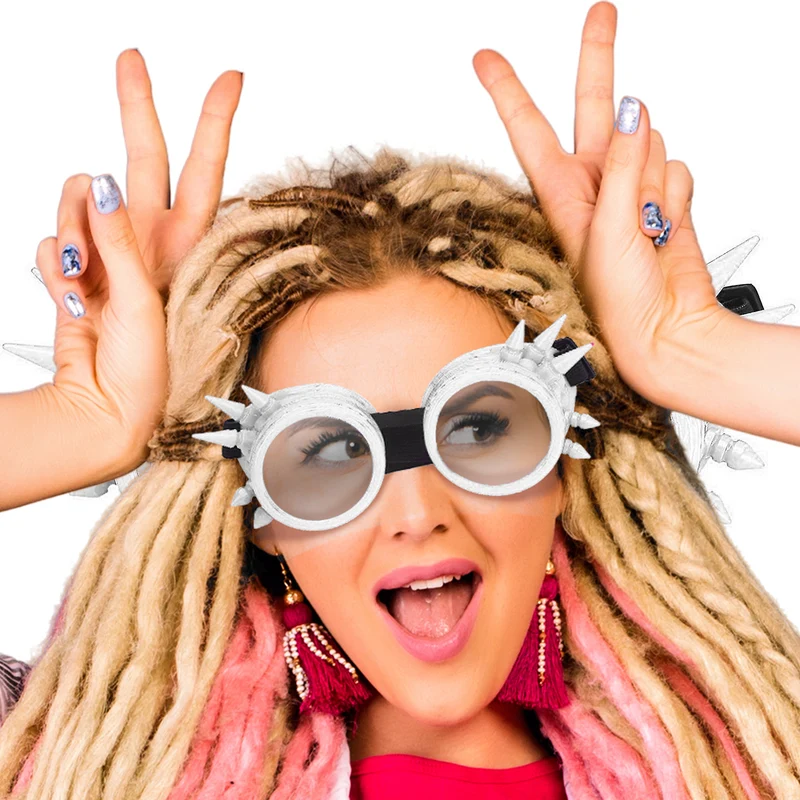 Bril steampunk wit met spikes en spiegelglazen