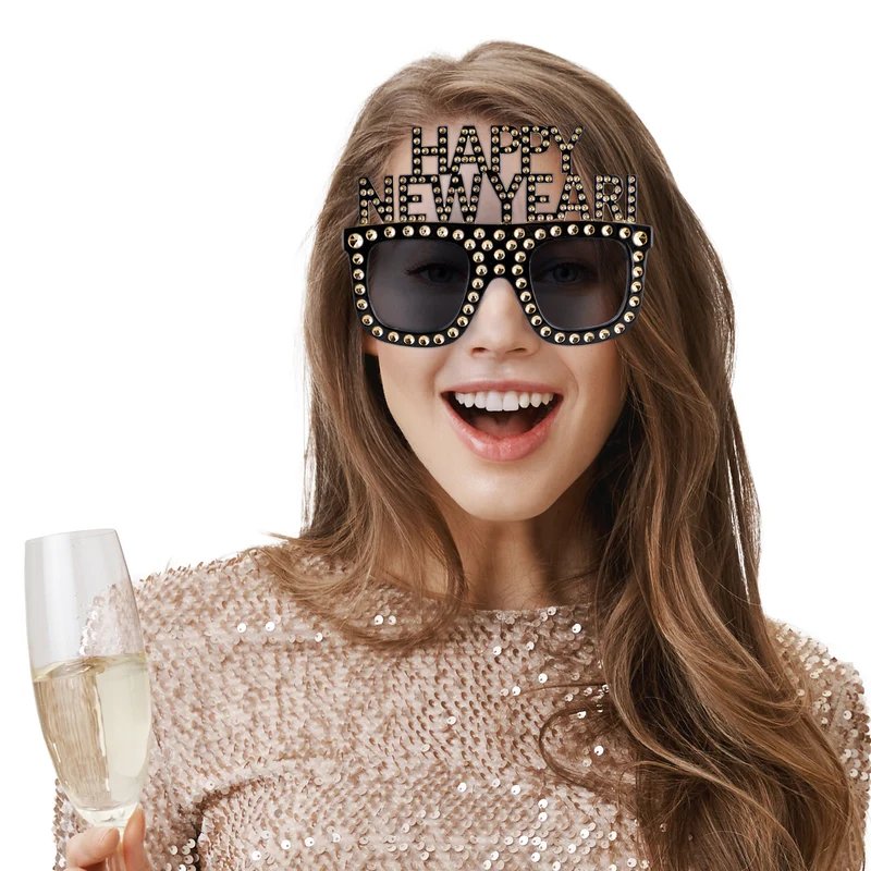 Bril happy new year zwart met gouden studs