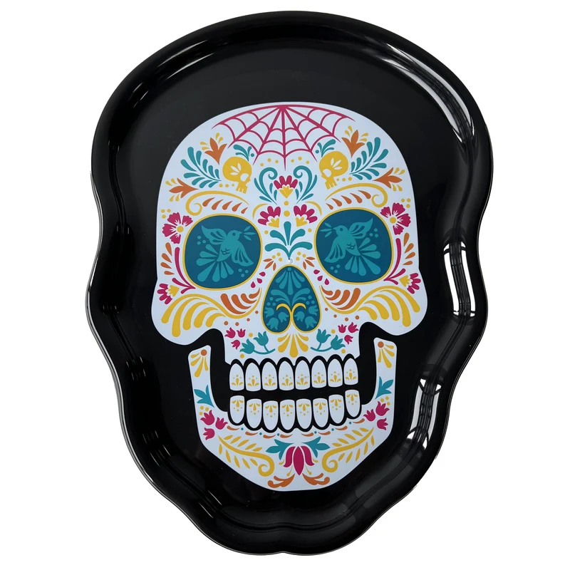 Schedelvormig bord zwart met sugar skull print 28 x 37 cm