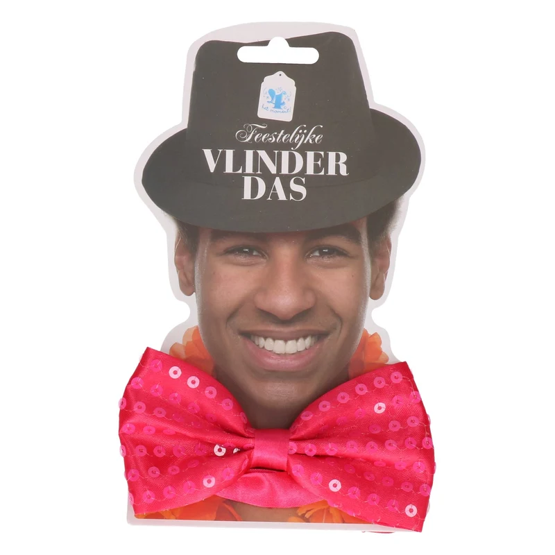 Vlinderdas pailletten neon roze