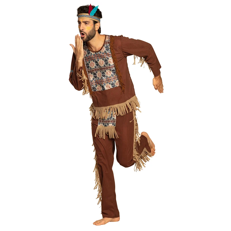 Indianenpak heren Great hawk bruin met franjes en hoofdband