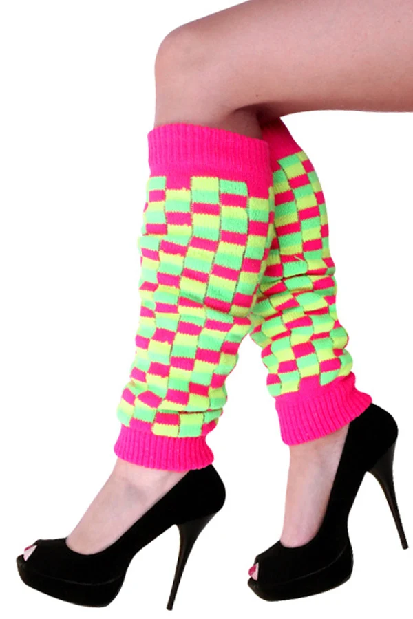 Beenwarmers fluor roze, geel en groen met blokpatroon