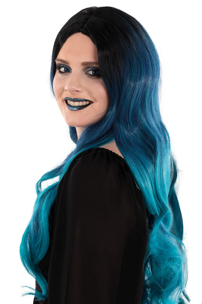 Pruik Selena lang blauw turquoise met krullen dames 75 cm