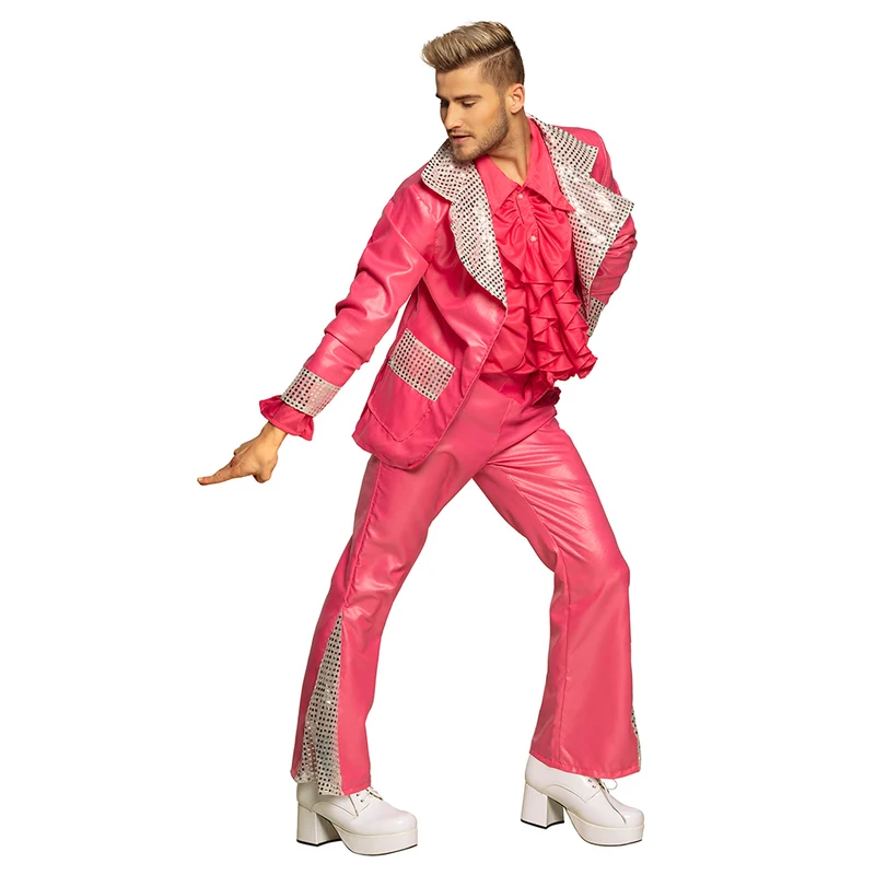 Disco king kostuum heren roze met glitterdetails