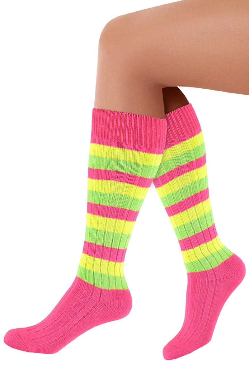 Kniekousen pink neon gestreept met geel en groen