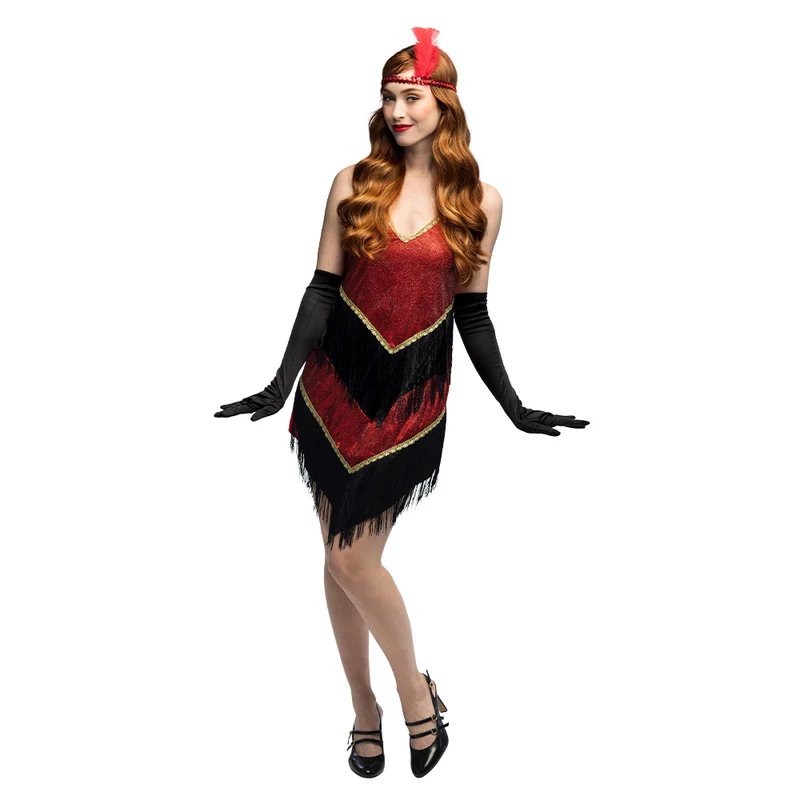 Flapper kostuum Evelyn rood met franjes voor dames