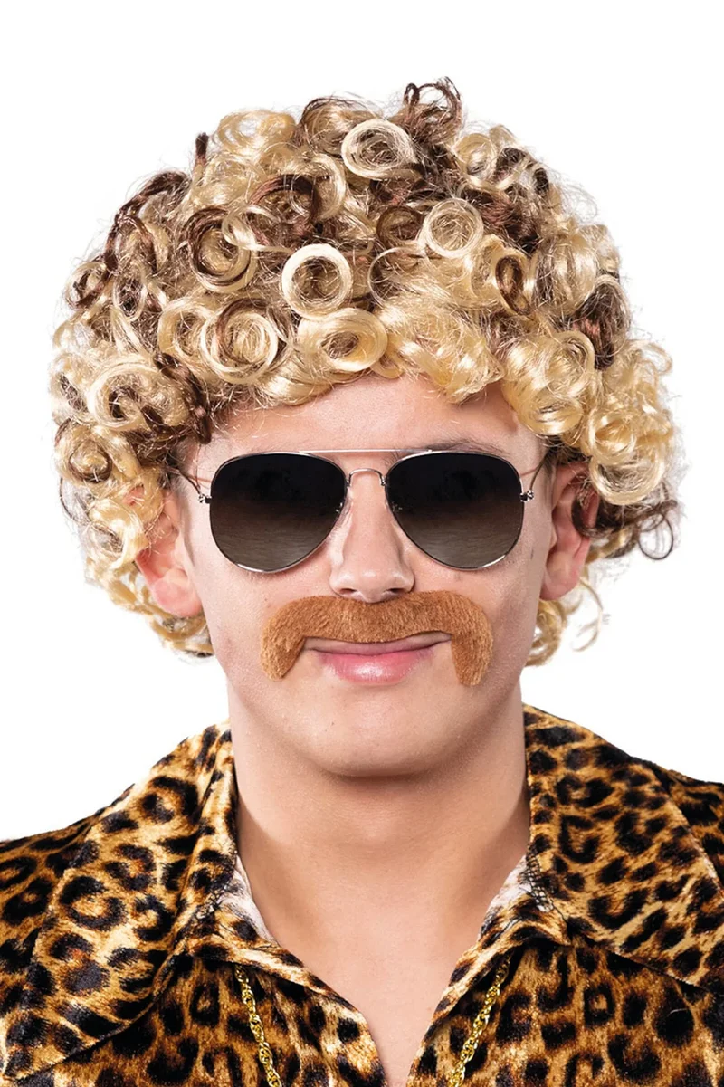 Pruik Disco Krul met Snor