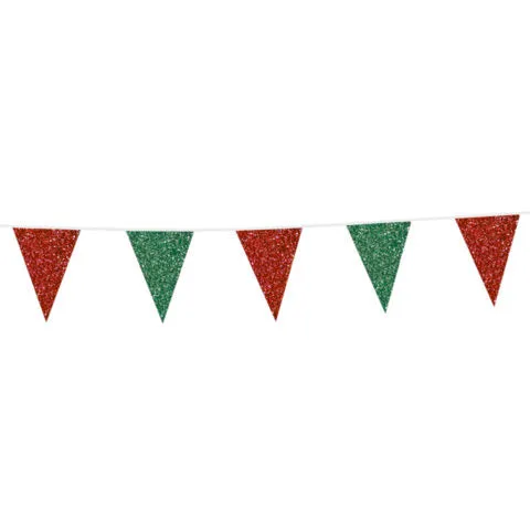 Vlaggenlijn / slinger - 6 meter - 20 x 30 cm - glitter rood / groen vlaggetjes