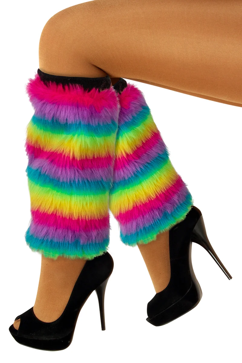 Beenwarmers pluche met regenboogstrepen dames
