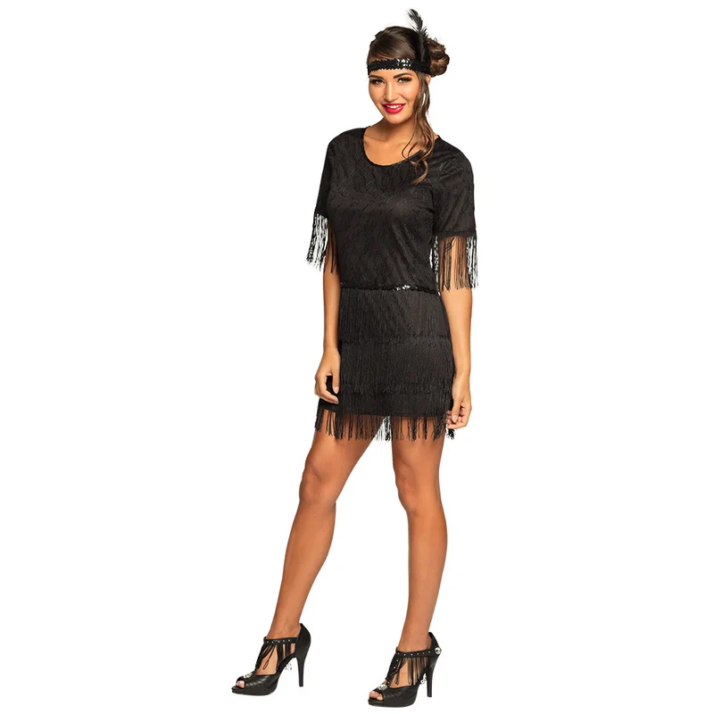Flapper jurk Darcy zwart met franjes en hoofdband dames