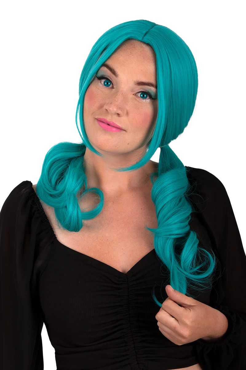 Pruik Raewyn turquoise met staarten dames