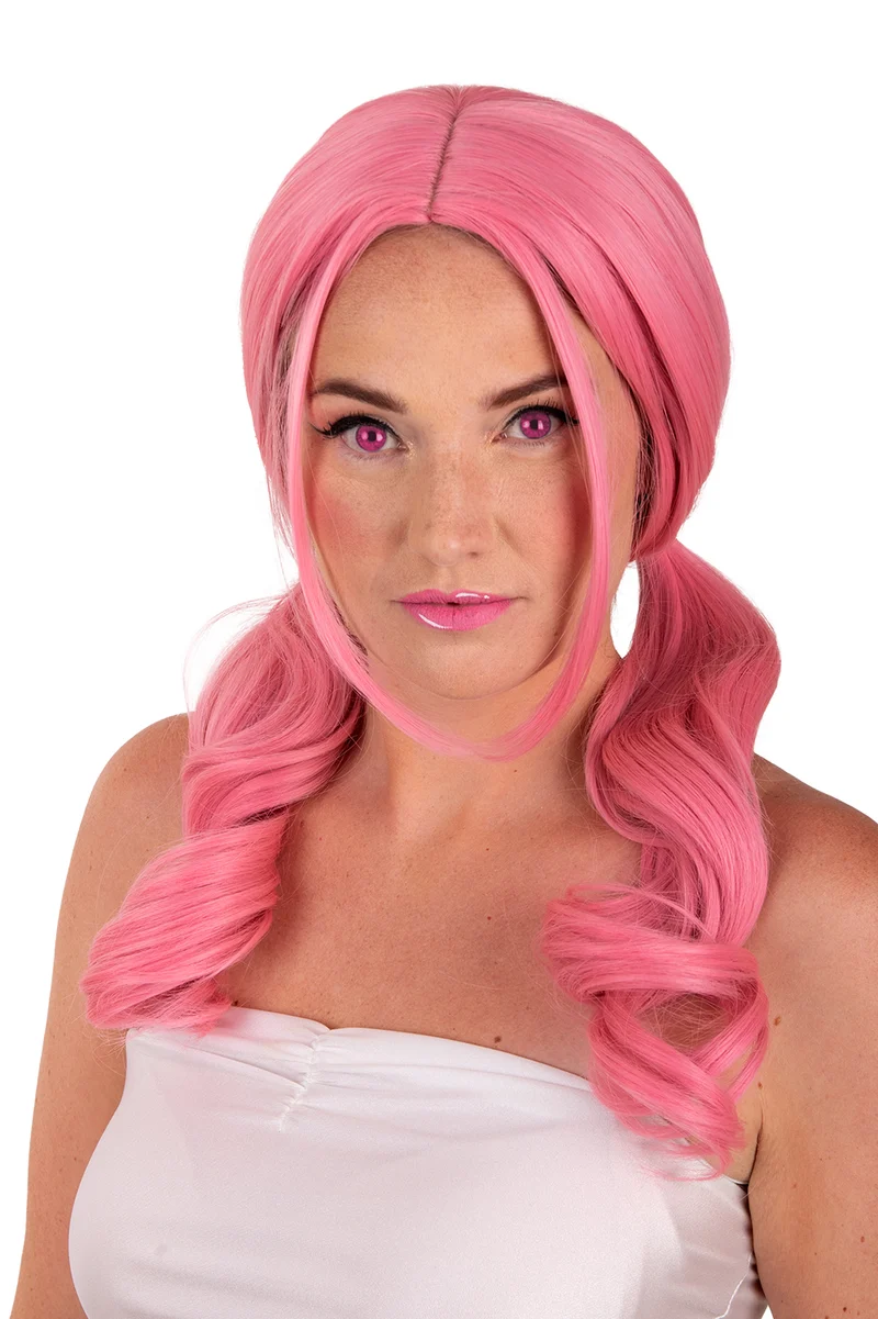 Pruik Raewyn roze met gedraaide staarten dames
