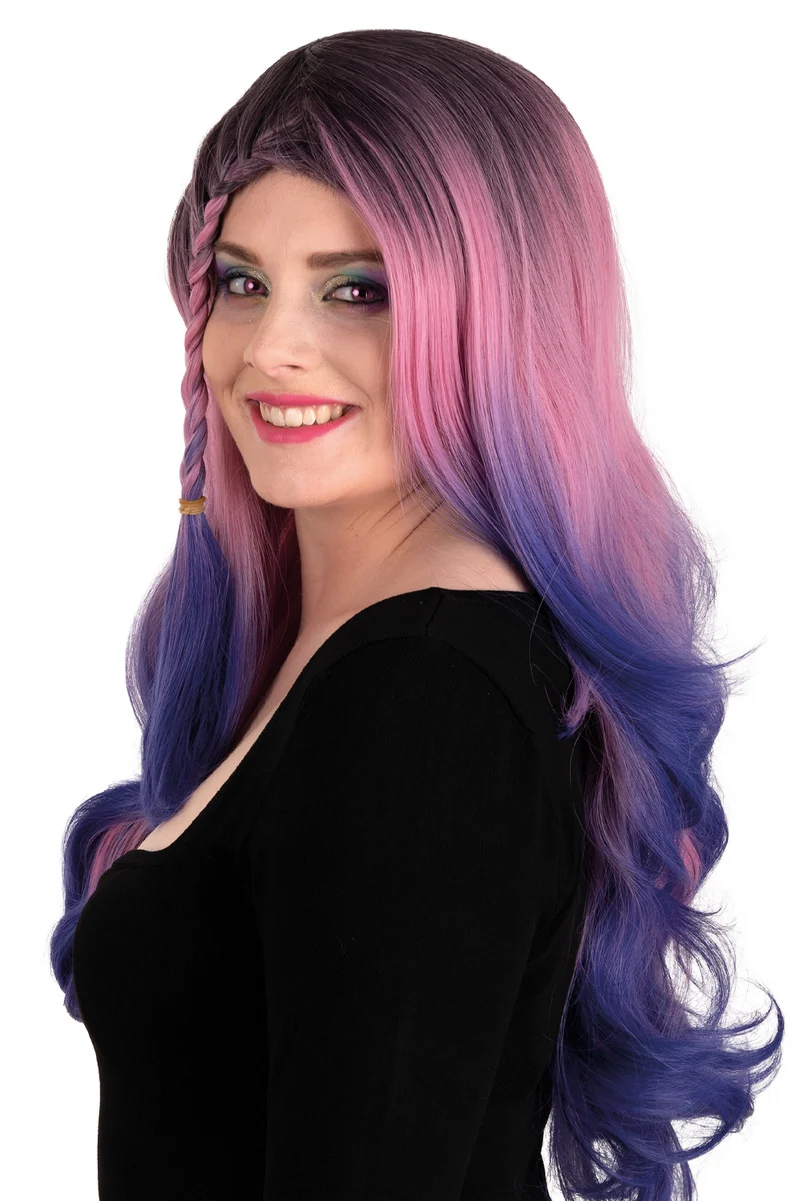 Pruik Rebecca lang roze blauw met vlecht dames