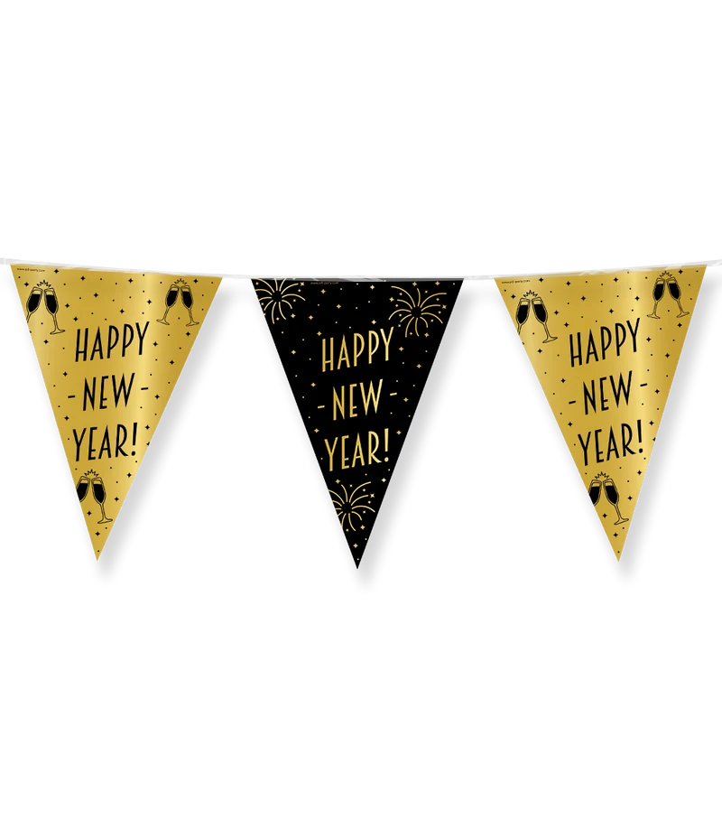 Happy New Year Vlaggenlijn / slinger - 10 meter - goud en zwart - Classy vlaggetjes