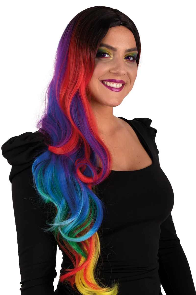 Pruik Selena regenboog lang met krullen dames uv-reactief