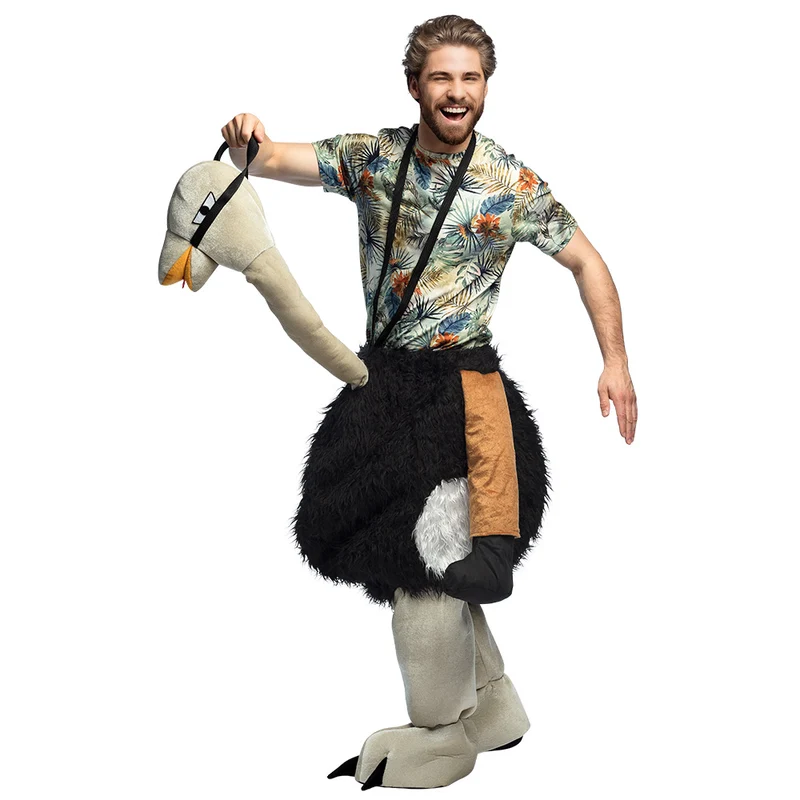 Struisvogel kostuum volwassenen ride-on broek met bretels